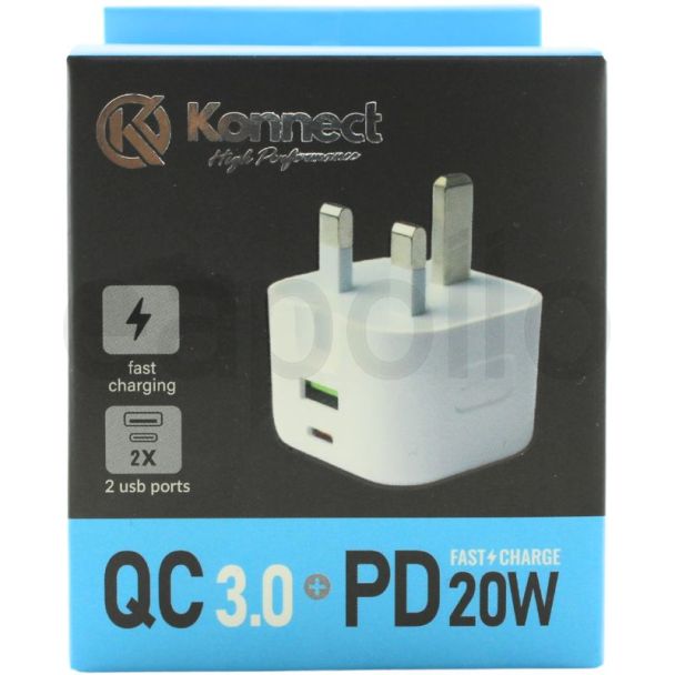 Konnect Dual Port Wall Charger (USB & Type-C) – White