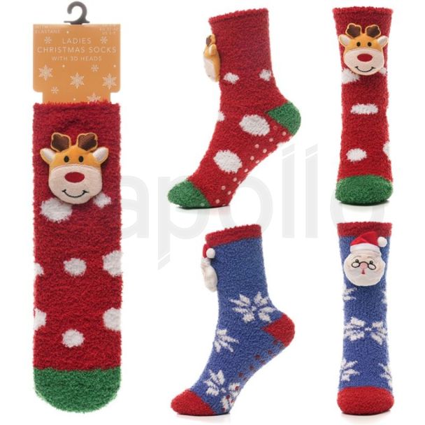 Ladies 3D Face Xmas Novelty Socks With Gripper 