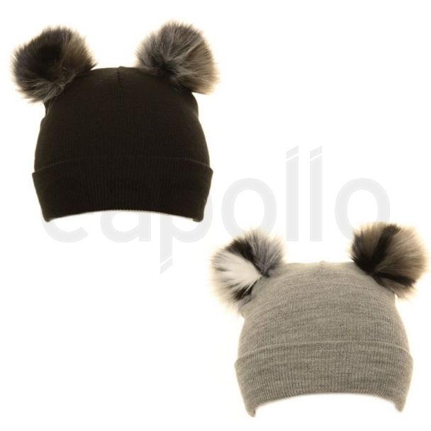 Ladies Double Faux Fur Pom Pom Hats - Assorted 
