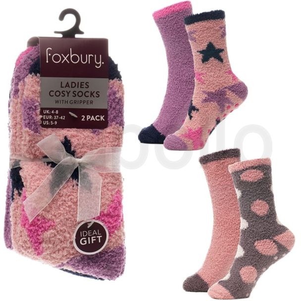 Ladies Cosy Socks With Gripper with Ribbon- Assorted 