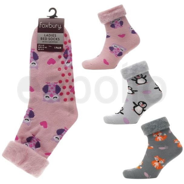 Ladies Design Brushed Bed Gripper Socks  - Assorted