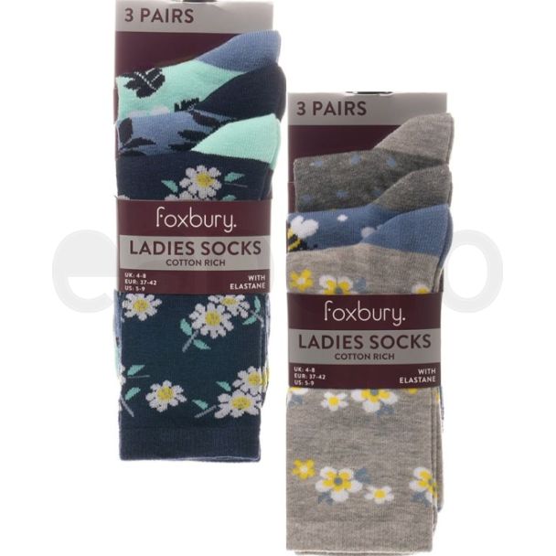 Ladies Floral Design Socks -  Assorted (3 Pack) 