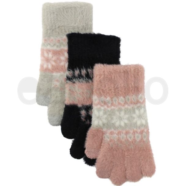 Ladies Fluffy Gloves with Touch Screen Fairisle Print Design - Assorted Colours