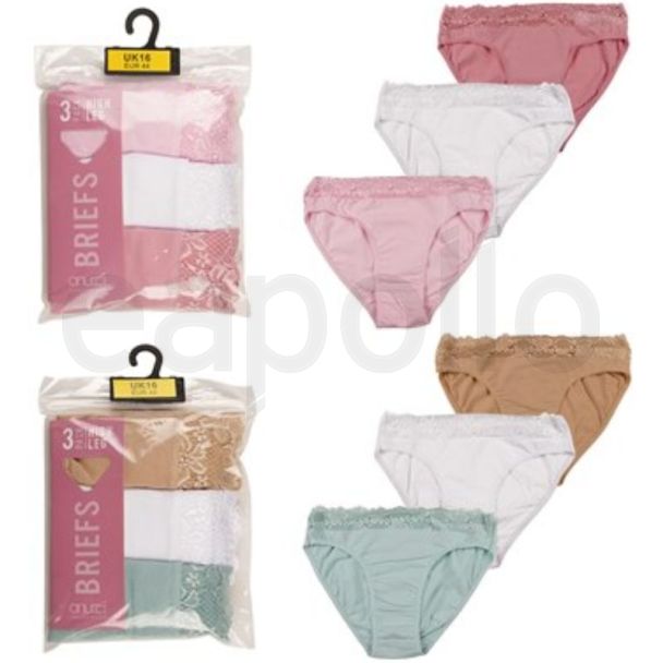 Ladies High Leg  Lace Briefs - Assorted (Pack of 3)