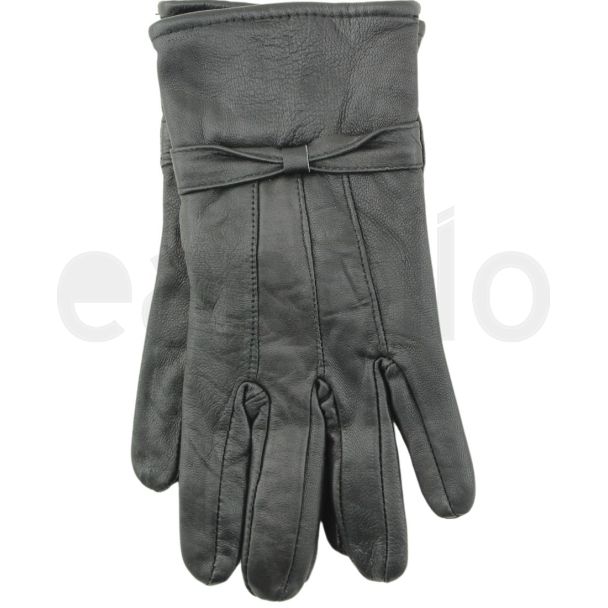 Ladies Leather Gloves With Bow - Black 