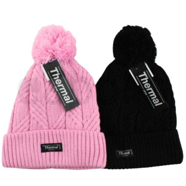 Ladies Plain Chunky Knitted Bobble Hats - Assorted Colours 