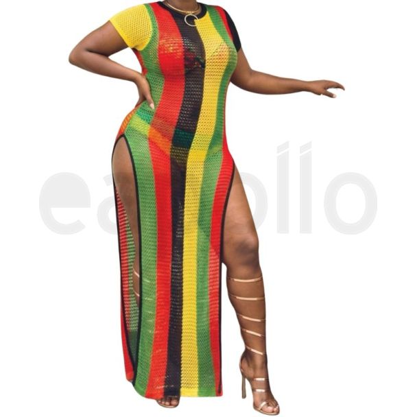 Ladies Rasta String Maxi Dress - Red, Black, Yellow & Green - S/M