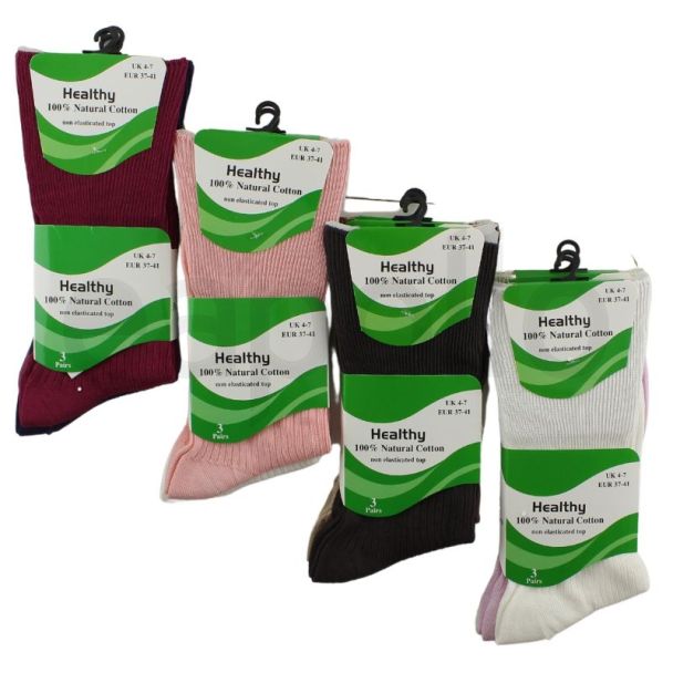 Ladies Non-Elasticated Top Cotton Socks (3 Pair Pack) - Asst.