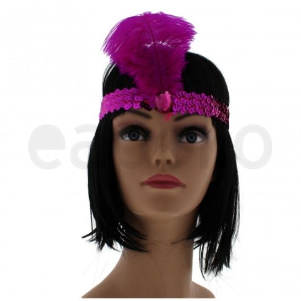 Large Feather Headband with Sequins and Crystal - Fuchsia 