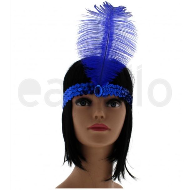 Large Feather Headband with Sequins and Crystal - Royal Blue