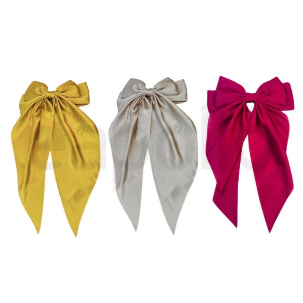Large Satin Fabric Hair Bows on Barrette Clip With Tail