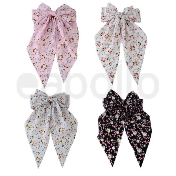 Large Satin Fabric  Floral Print Hair Bows on Barrette Clip With Tail 
