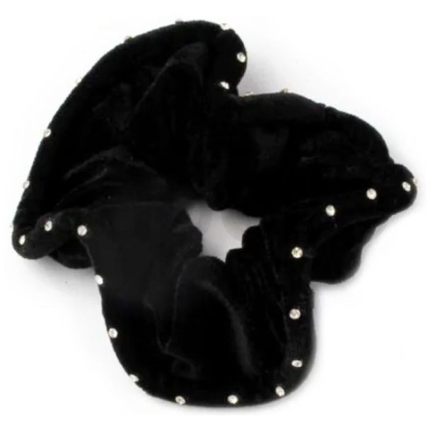 Large Velvet Scrunchie with Diamante Crystals- Black (12cm)