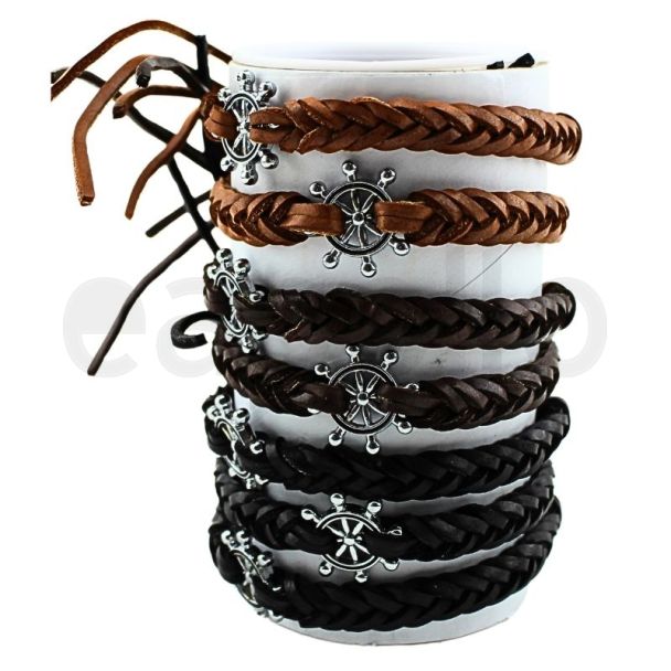 Leather Bracelets Ship Wheel Design - Assorted (12 Pieces)