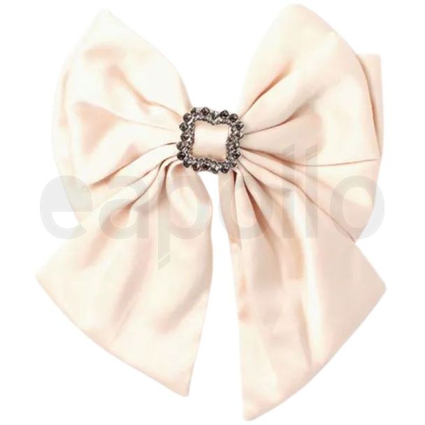 Light Fawn Satin Fabric Bow With Tails & Crystals (10cm)
