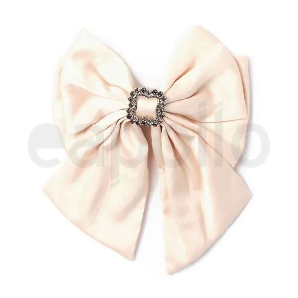 Light Fawn Satin Hair Bow With Tails & Crystals - 15cm