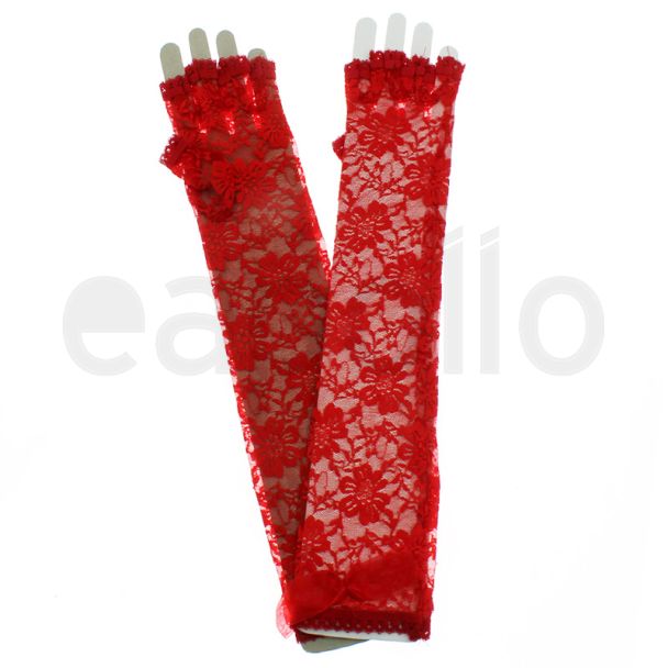 Long Fingerless Lace Gloves With Bow - Red 