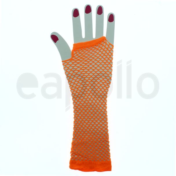 Long Ladies Fishnet Gloves - Neon Orange