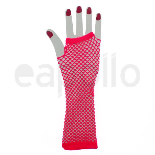 Long Ladies Fishnet Gloves - Neon Pink