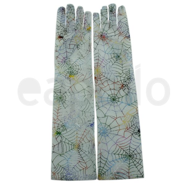 Long Ladies Fishnet Gloves With A Rainbow Spider Web