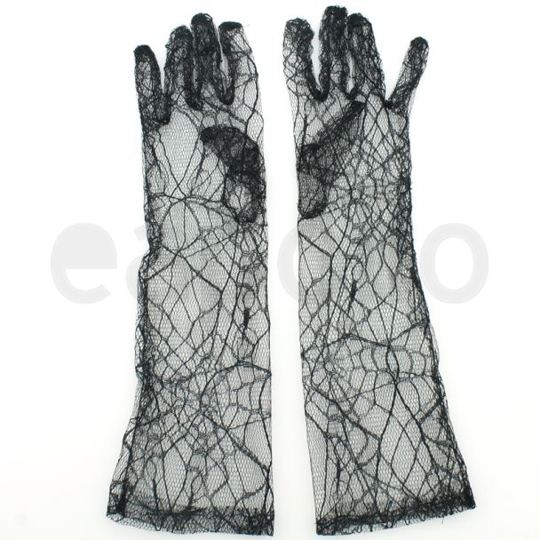 Long Ladies Fishnet Gloves With A Spider Web Design