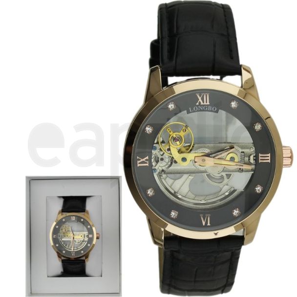 Longbo Men's Automatic Watch with Leather Strap - Rose/Black