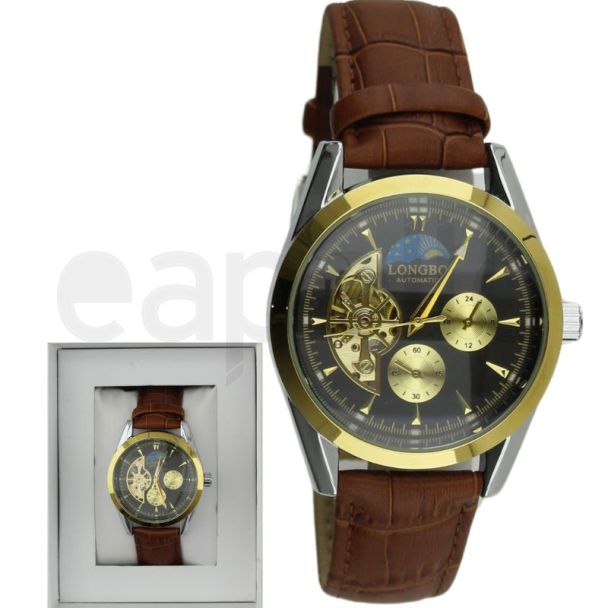 Longbo Men's Automatic Watch with Leather Strap - Brown/Gold