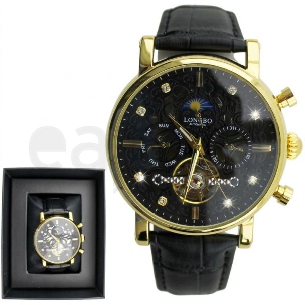 Longbo Men's Automatic Watch With Leather Strap - Gold & Black (D6)