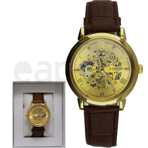 Longbo Men's Automatic Watch with Leather Strap - Gold/Brown