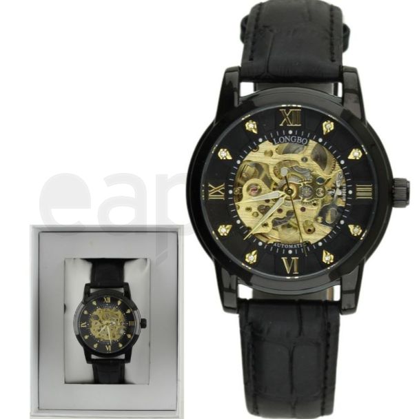 Longbo Men's Automatic Watch with Leather Strap - Gun/Black