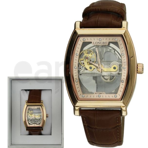 Longbo Men's Automatic Watch with Leather Strap - Rose/Brown