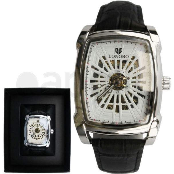 Longbo Men's Automatic Watch With Leather Strap - Silver & Black (D5)