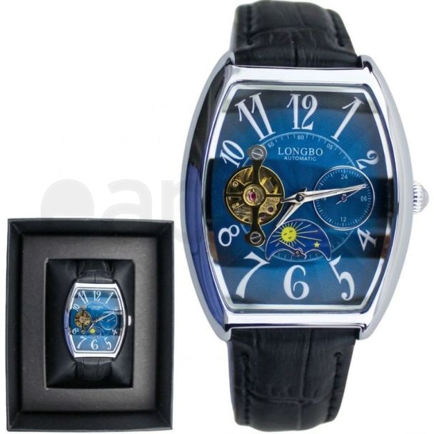 Longbo Men's Automatic Watch with Leather Strap - Silver/Black(D3)