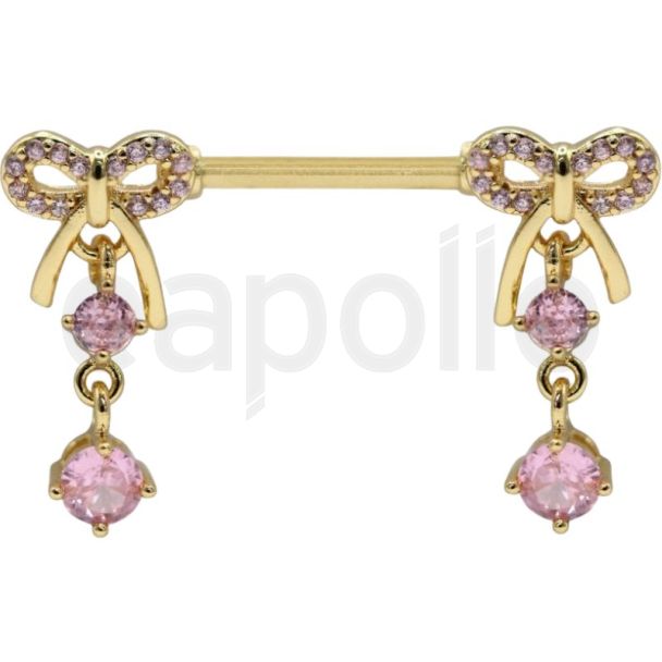 Love Knot Nipple Bar in Gold PVD Steel with Gemstone Charms