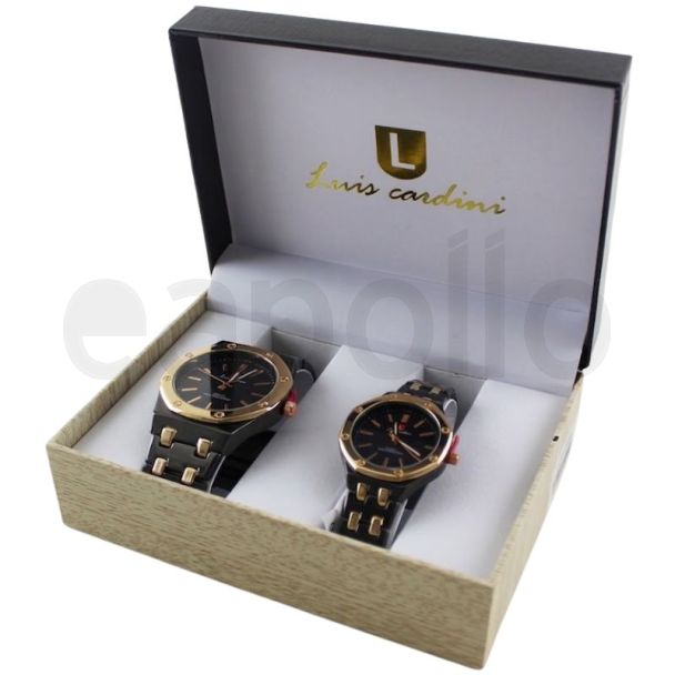 Luis Cardini His & Her Watch Gift Set - Black/Rose Gold (2513)