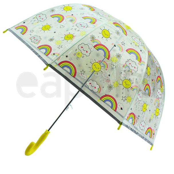 Children’s Rainbow & Smiley Sun Pattern Wind-Resistant Umbrella – Yellow Crook Handle