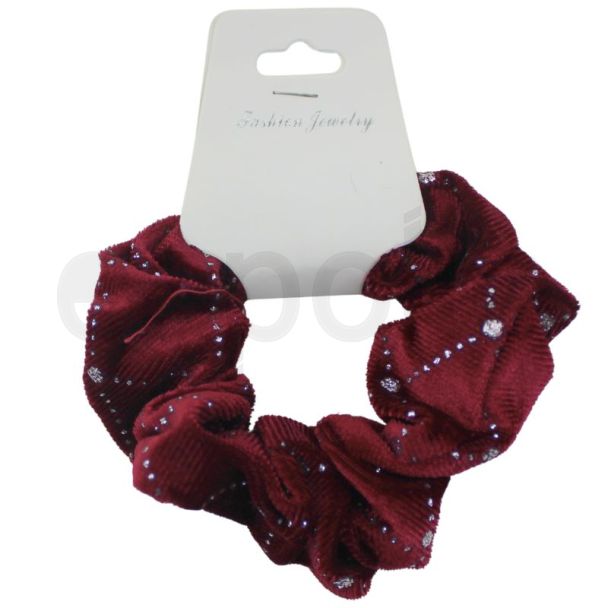Maroon Velvet Rhinestone Details Hair Scrunchie - 8cm