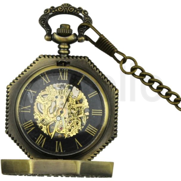 Mechanical Roman Numerals Pocket Watch -  Bronze Colour