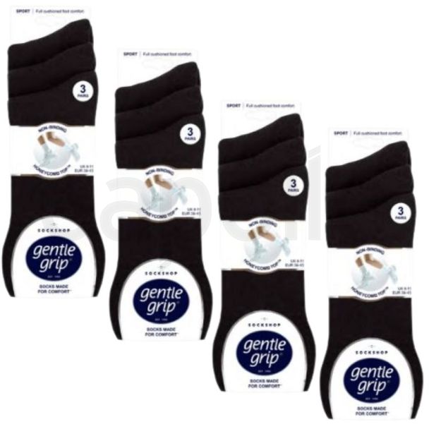 Men's Plain Gentle Grip Cushion Foot Cotton Blend Socks (3 Pack) - Black