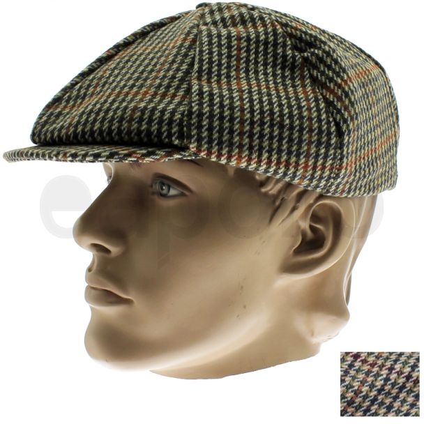 Men's 8 Panel Tweed Flat Caps - Assorted Colours