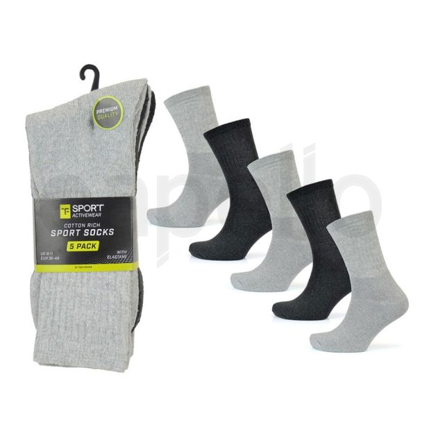 Men's Grey Cotton Rich Premium Sport Socks (5 Pack) - (6-11) Asst.