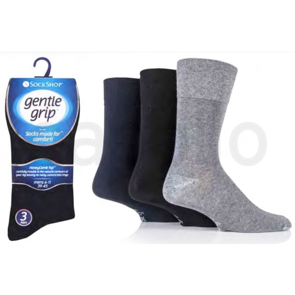Men's Plain Cotton Blend Gentle Grip Ankle Socks (3 Pack) - Blk/Navy/Charcoal