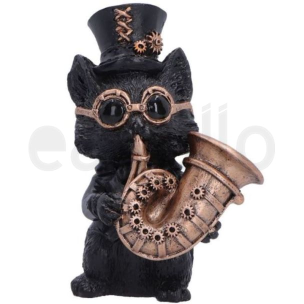 Steampunk Black Cat Figurine Playing French Horn – 10cm