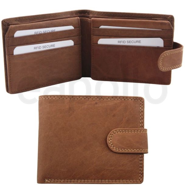 Men’s Leather RFID Euroborse Snap Bifold Wallet – Tan / Brown