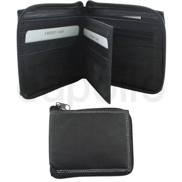 Men’s Leather EUROBORSE RFID Zip Bifold Wallet - Black