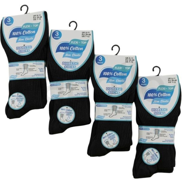 Men's 100% Cotton Black Flexi-Top Ribbed Non-Elastic Diabetic Socks - (3 pack)