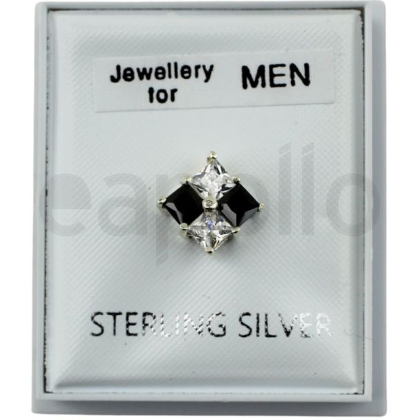 Men's Black & Clear Stone Sterling Silver Stud Earrings
