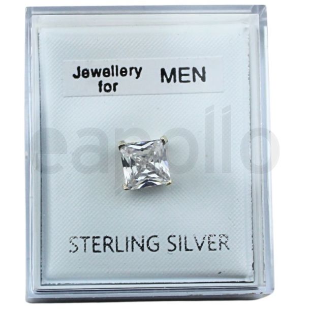 Men's Clear Sterling Silver Square CZ Stud 5 mm