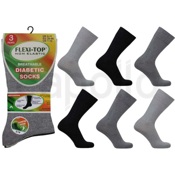 Men's Flexi-Top Non-Elastic Plain Diabetic Socks (3 Pack) - Assorted