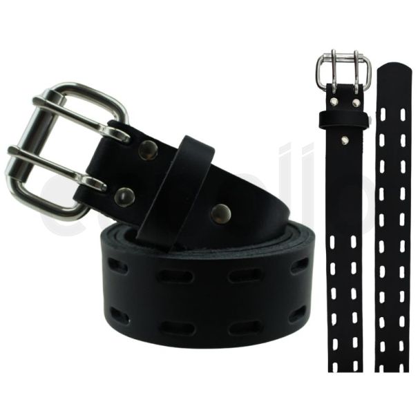 Men's Genuine Leather 2 Pin Full Slot Belts 1.5" Wide - Black (Large)
